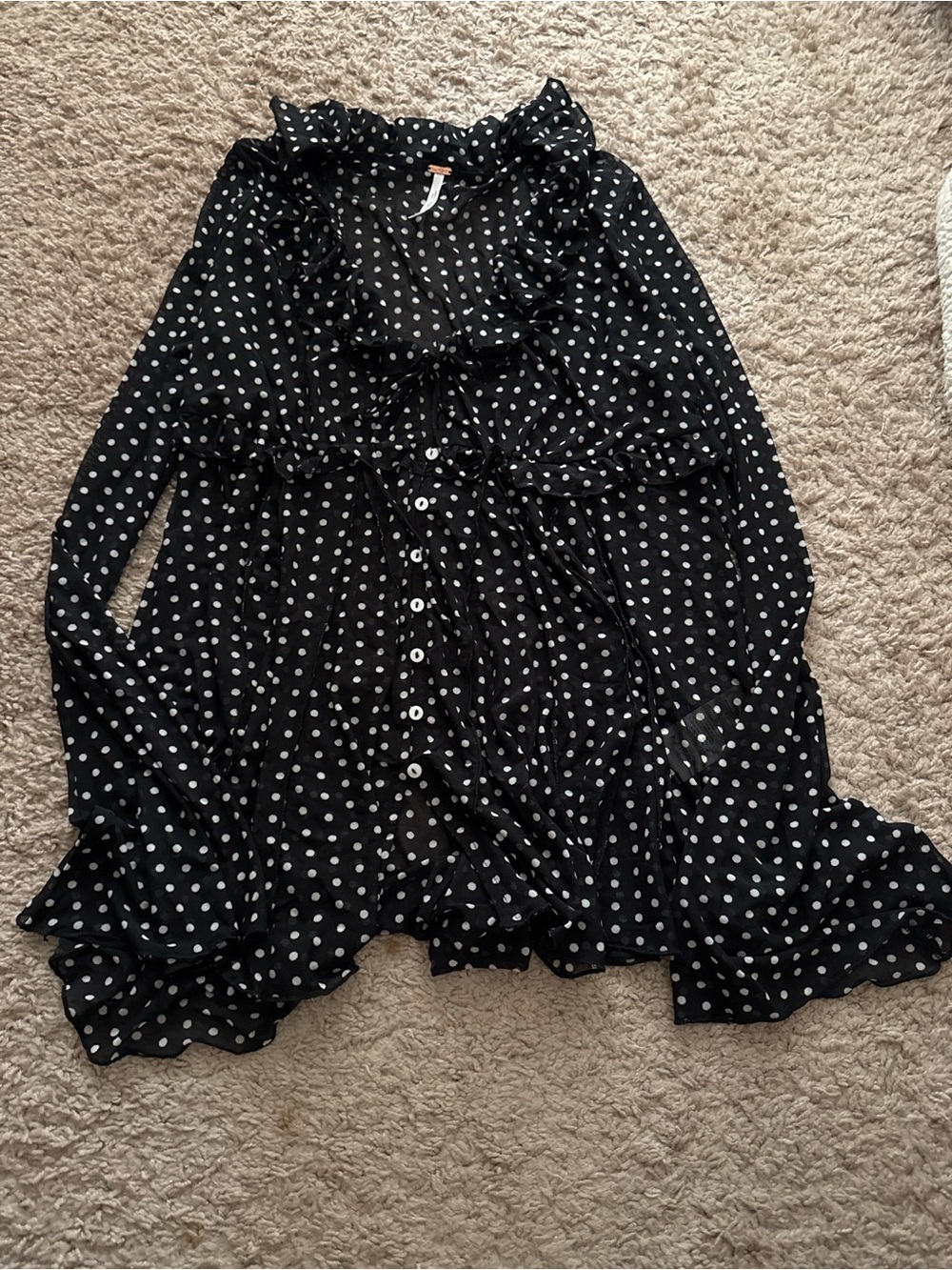 Free People Black Polka Dot Ruffle Button-Front Blouse